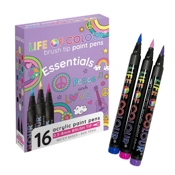 Brush Tip Acrylic Paint Pens - Essential Colours 16 Pack